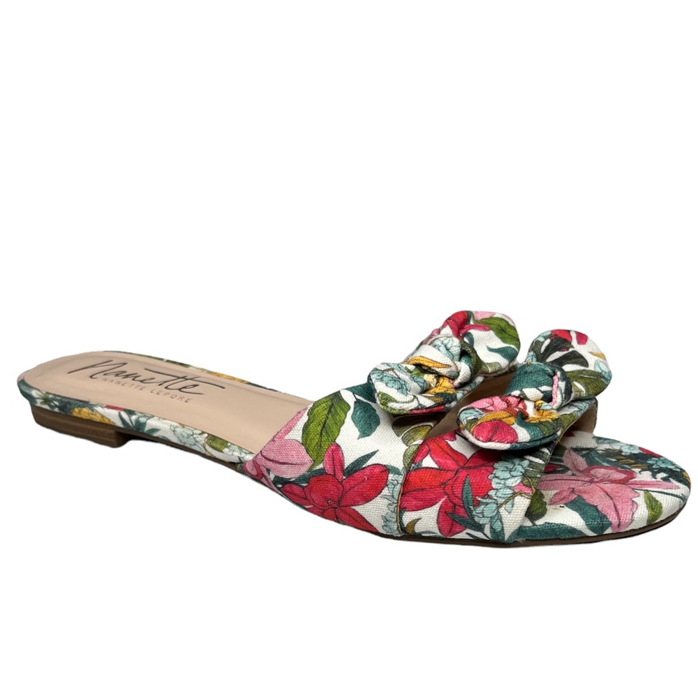 Nanette Lepore Floral Bow Slide Sandals in Multicolor (red, pink, green, yellow)
